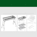 Large stainless steel folding portable barbecue grill set up outdoors.