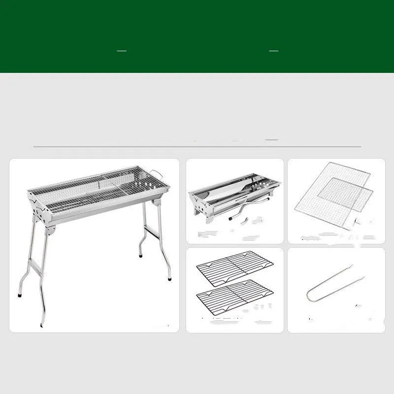 Stainless steel portable folding barbecue oven set up outdoors