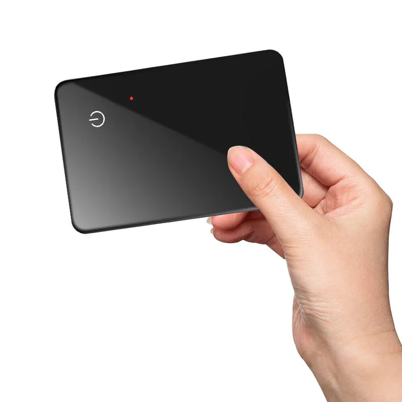 Black NFC pet tracking card with wireless charging, showing hanging hole and slim 2.1mm profile.