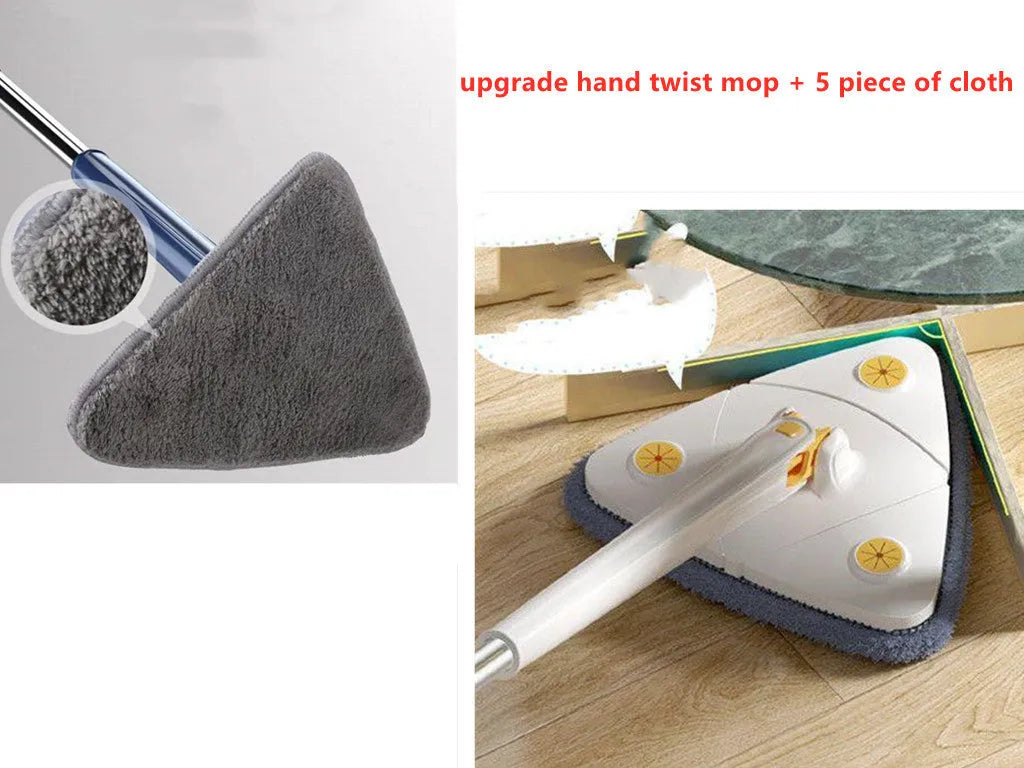 Extendable blue triangle mop with 360 rotating head and automatic water squeezing mechanism