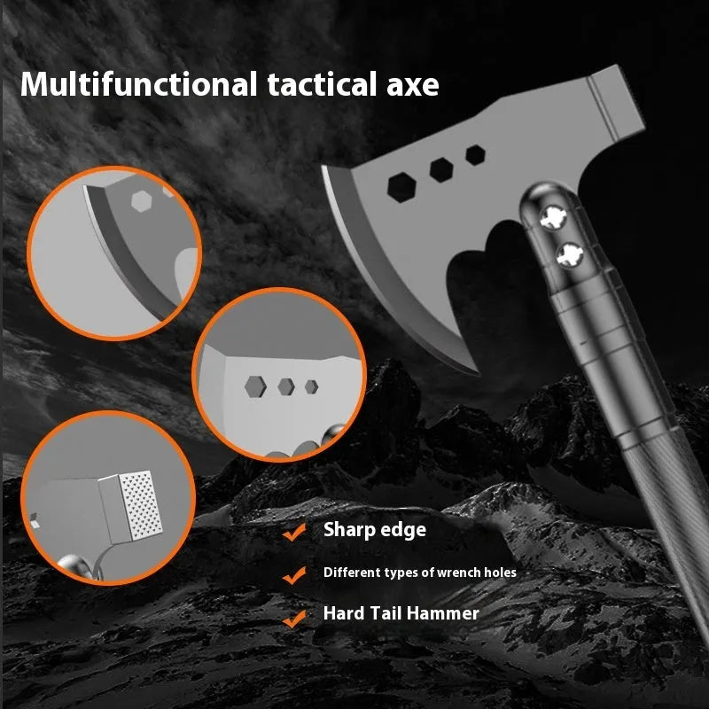 Black multifunctional military shovel hammer set with axe head and knife, 80cm long, with accessories laid out next to suitcase.