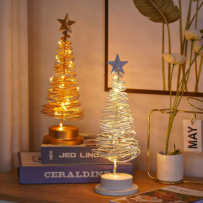 33cm tall wrought iron LED Christmas tree spiral light with warm white lights on tabletop