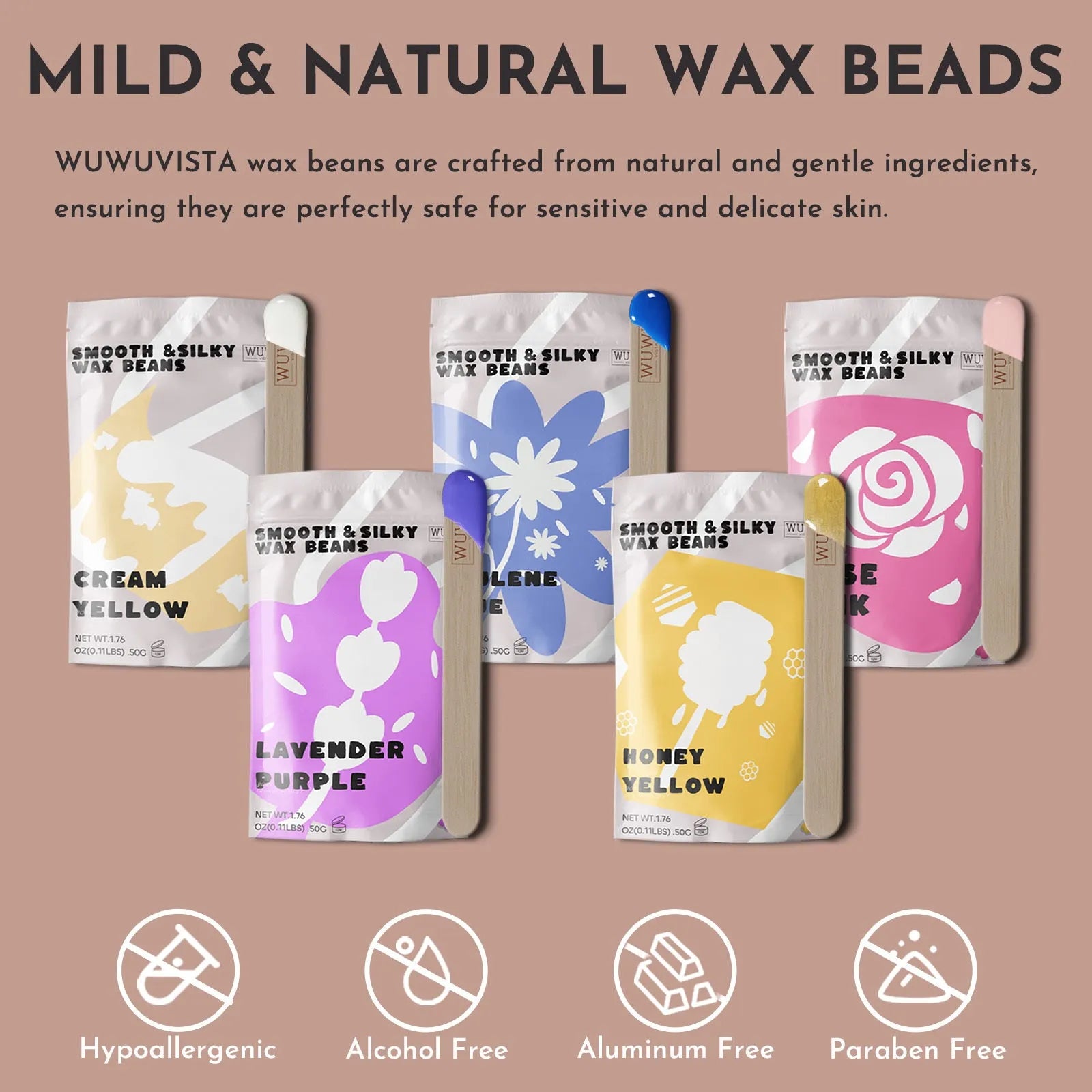 Professional waxing kit with wax warmer, five jars of hard wax beans, applicator sticks, and post-care products.