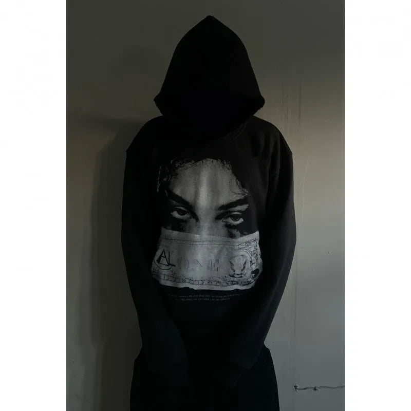 Black women's hoodie with dark cartoon print in loose polyester fabric
