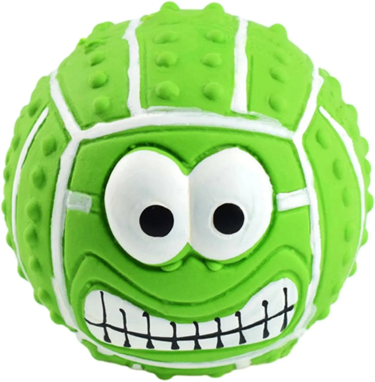 Green latex dog ball with smile face design showing squeaky chew toy