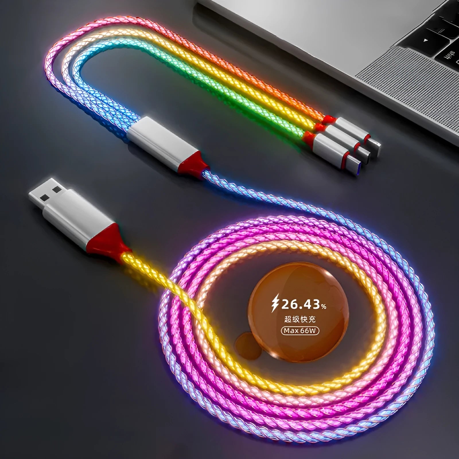 Colourful phantom gradient charging cable with triple splitter connector for charging three devices