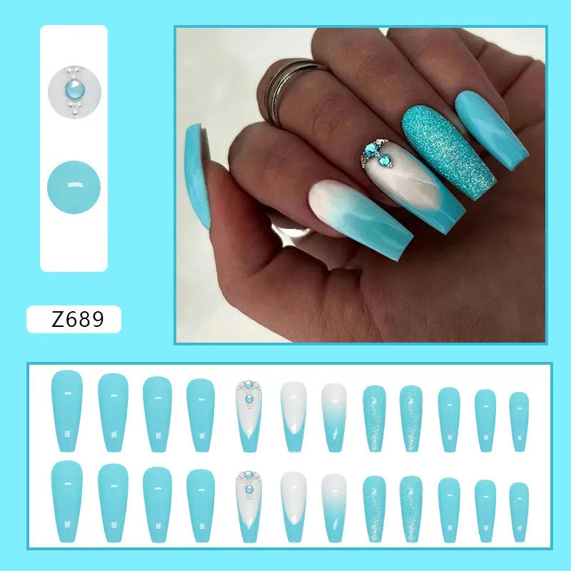 Smart blue diamond colour ballet-length artificial nails with adhesive glue