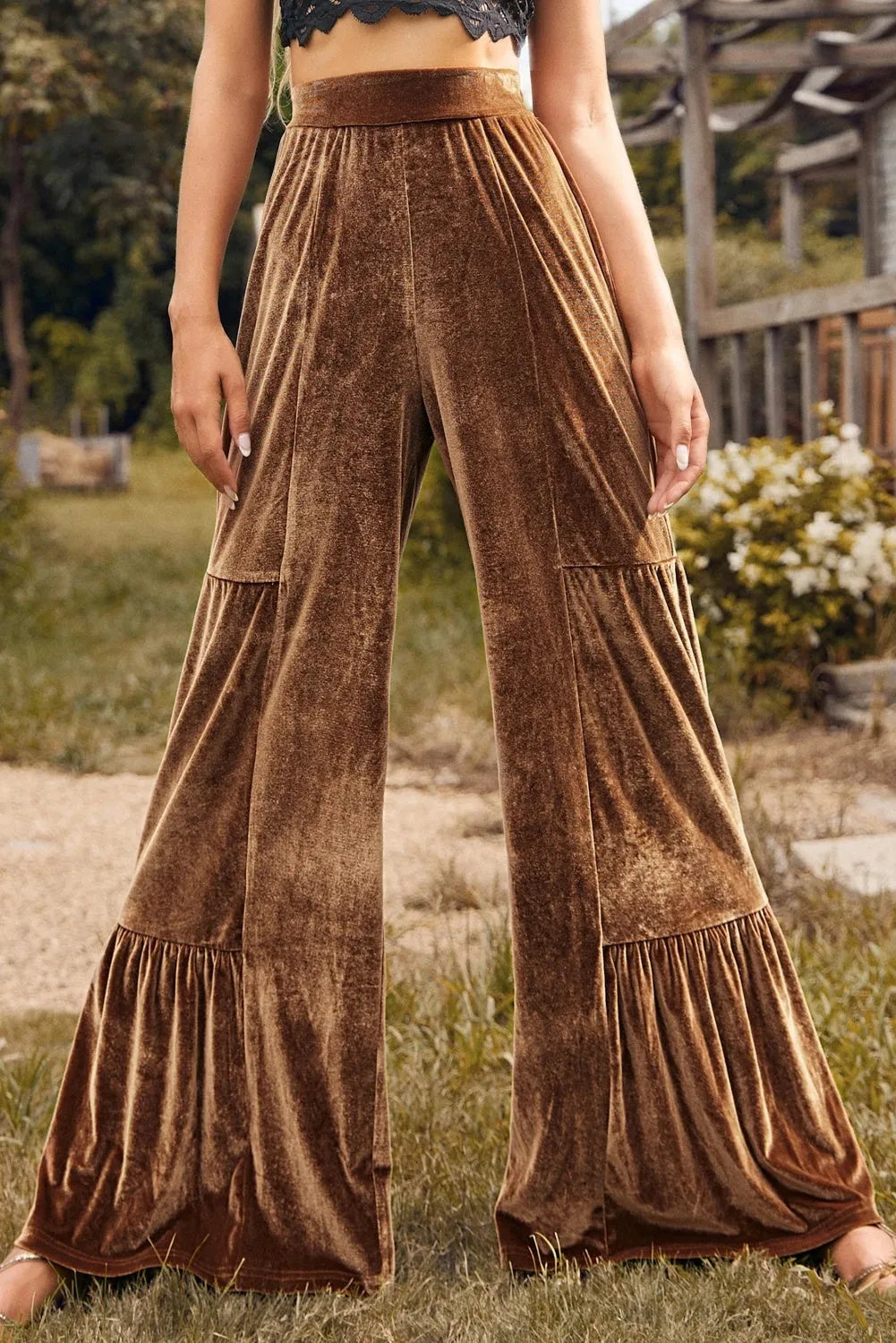 Chestnut flared wide-leg trousers for women with high waist and ruffles