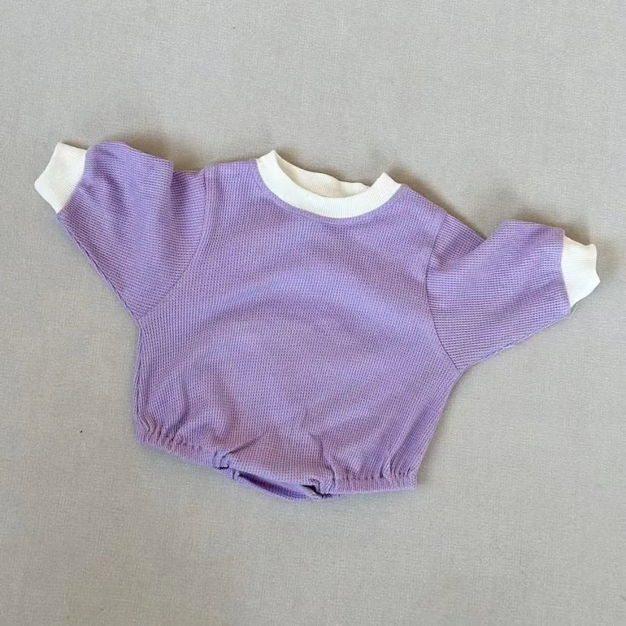 Baby waffle cotton loose triangle jumpsuit bodysuit in coral with hidden hook closure long sleeves
