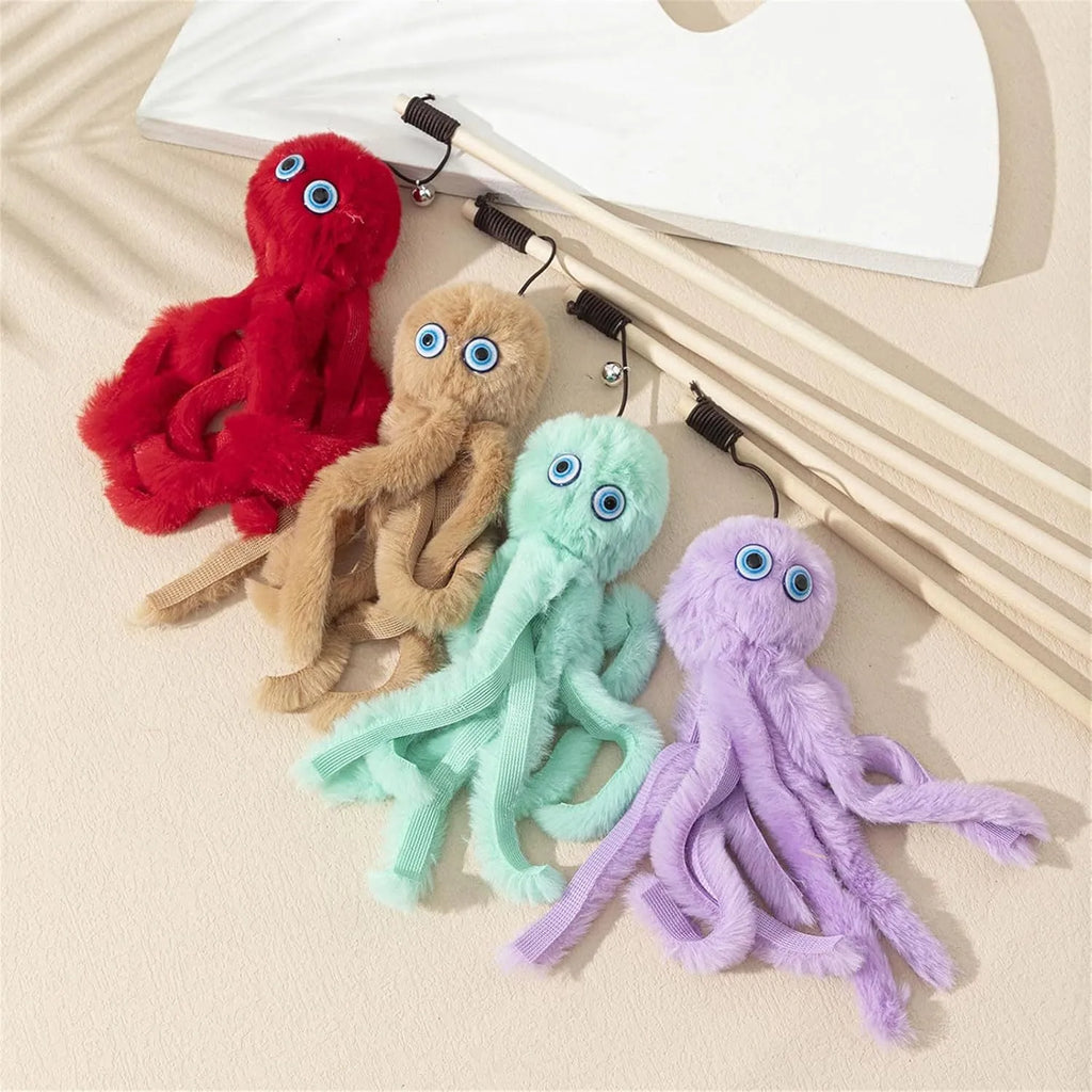 Furry octopus cat toy on 40cm wand for interactive indoor play with kittens
