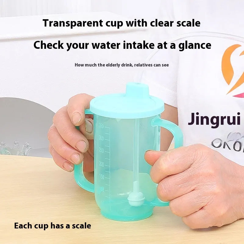 Adult polypropylene drinking cup with oblique choke-proof spout, lid, handle, and optional wrist splint.