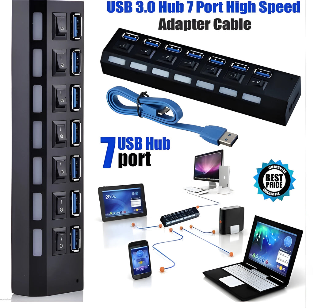 7-port USB 3.0 external hub in black with power adapter, compact size 165x34x15mm, LED indicators