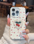 White lychee pattern iPhone case with three-dimensional embroidered cherry detail and anti-fall silicone cover