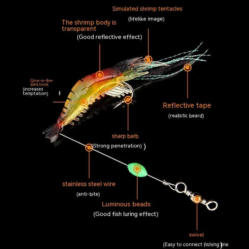 Six soft plastic fishing lures with hooks in various colours including black head yellow body and luminous pink.