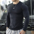 Men's black long sleeve slim fit fitness tights for running and gym workouts
