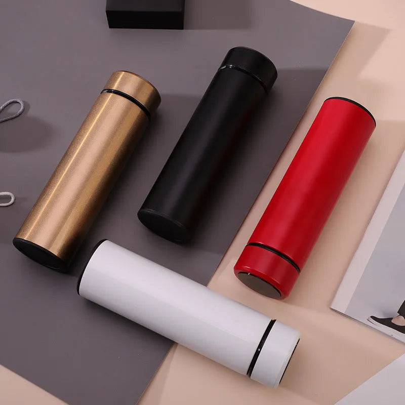 Stainless steel vacuum flask with LED touch display showing temperature, 500ml capacity, 304 stainless steel construction, gold colour