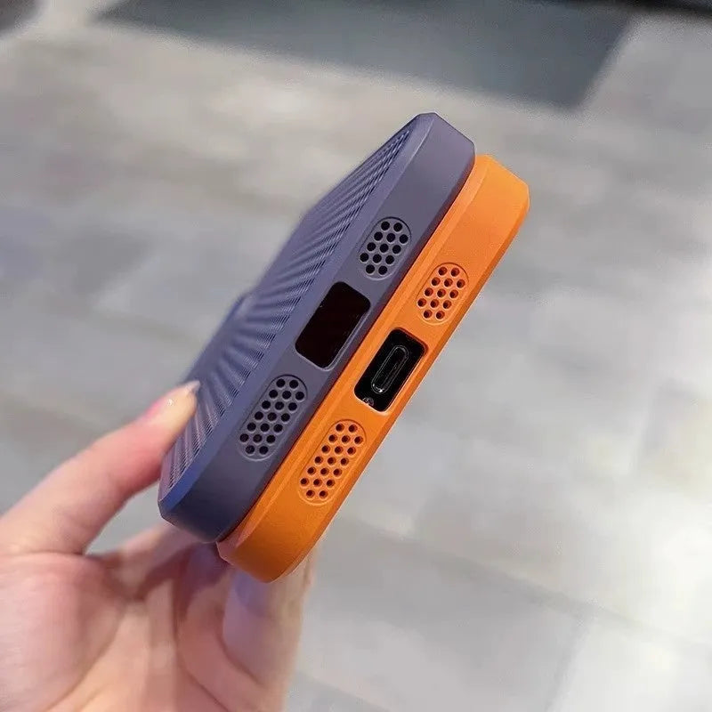 Honeycomb mesh magnetic phone case for iPhone in black, showing heat dissipation design and hard PC shell.