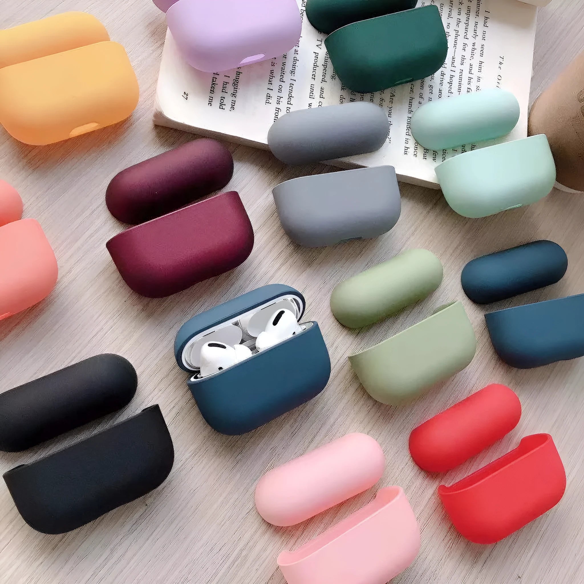 Plastic protective carrying case for Airpods Pro earphones in assorted colours.