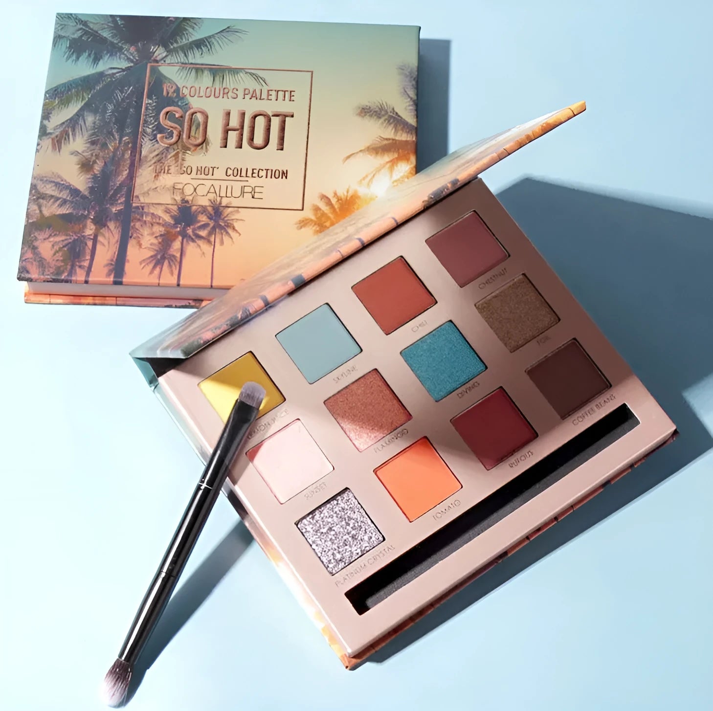 Focallure Shining Eyeshadow 12 Colors Palette with twelve powder eye shadow shades in a compact case