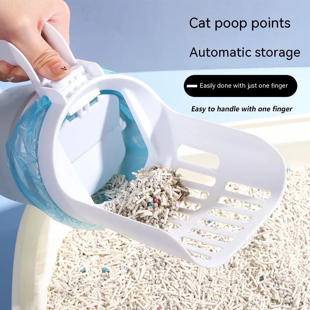 Self-cleaning cat litter scoop system with waste bin in grey colour showing foldable bottom design