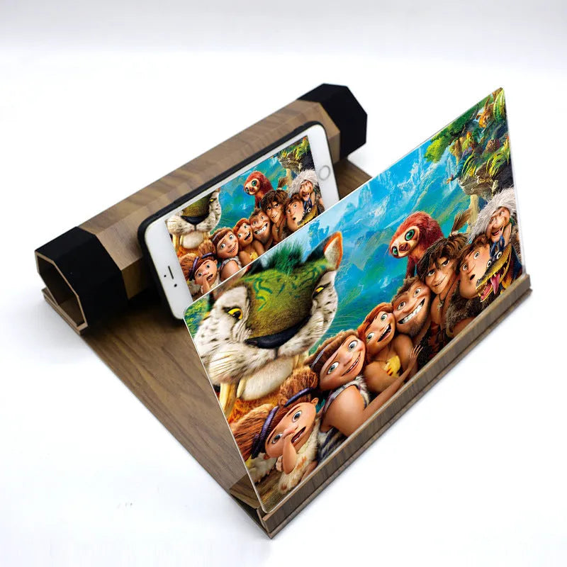 Wood grain cell phone amplifier with acrylic lens showing black walnut finish