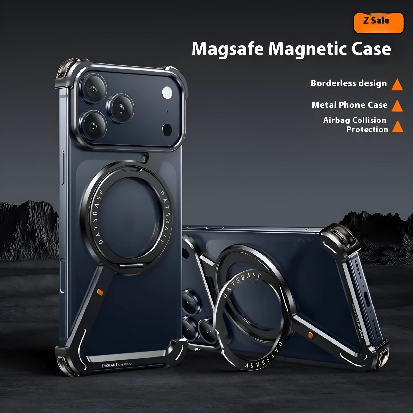 Metal frame phone case with magnetic bracket for iPhone 17 Pro Max in black with electroplating finish