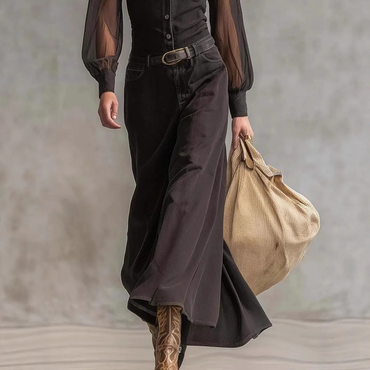Black long sleeve see-through mesh dress with blouse collar button front high-waist asymmetric skirt street fashion