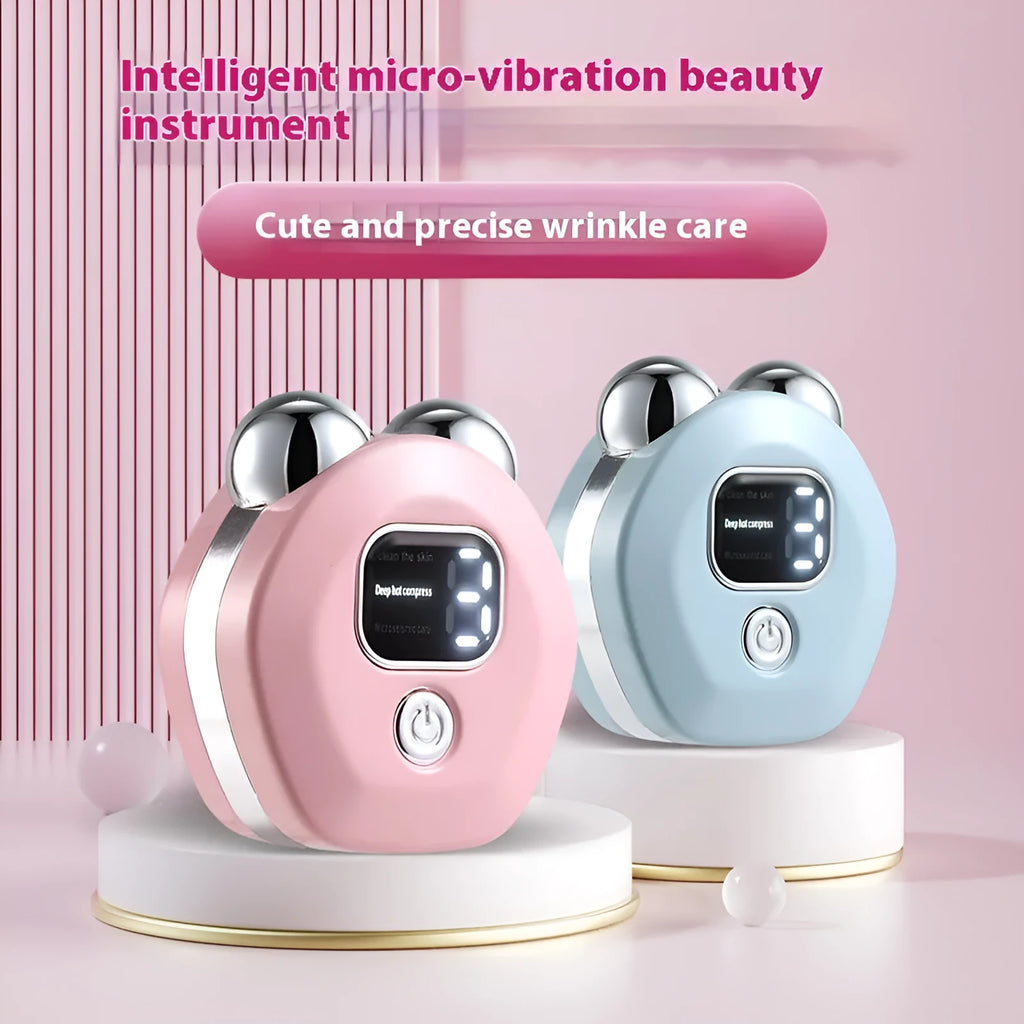 Portable light blue micro current double-roller facial massage instrument with hot compress function.