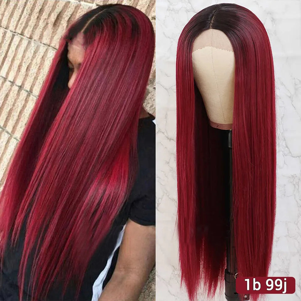 Wine red long straight wig for women, 70cm length, full mechanism, adjustable button net