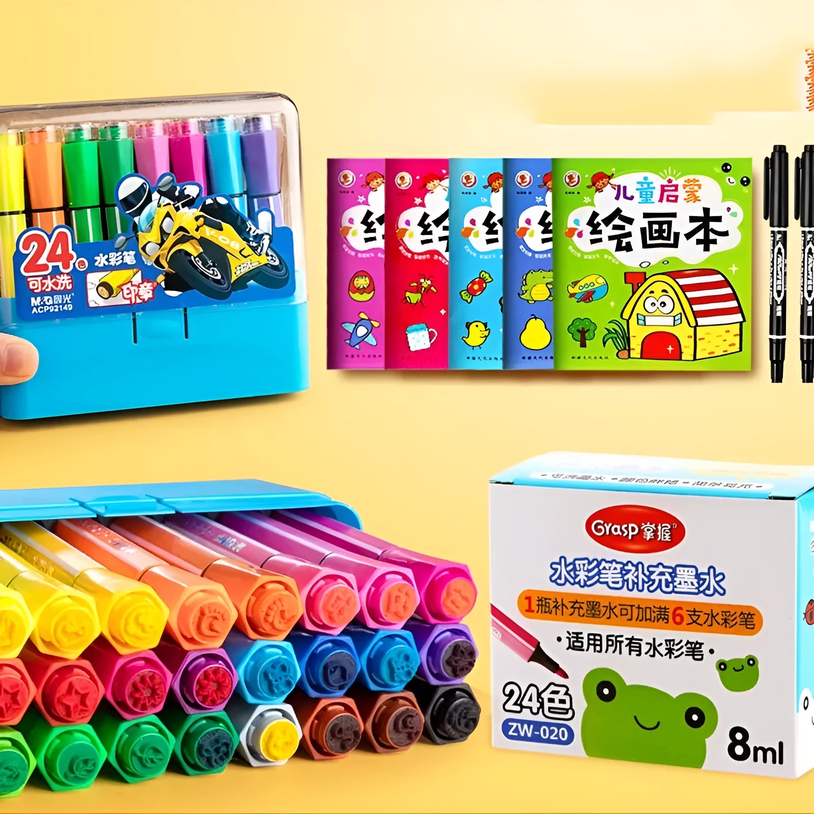 Children's washable painting brushes with hexagonal handles in blue, pink and yellow colours