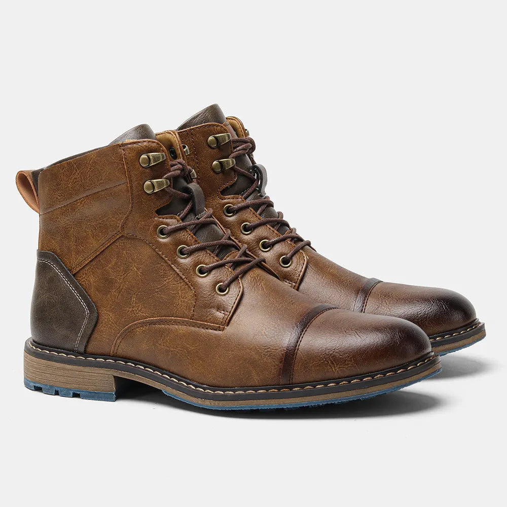 Men's high-top boots in light brown artificial PU with flat heel and lace-up front, sizes 39-50
