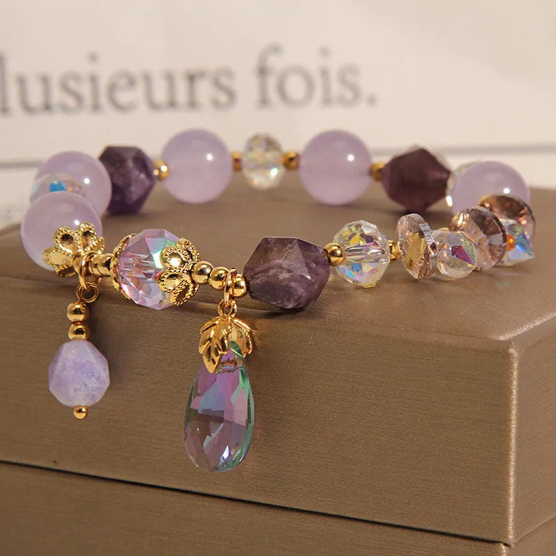 Retro purple crystal drop bracelet for children with adjustable design and lavender water drop pendant
