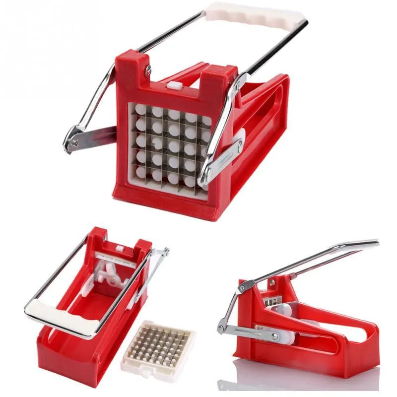 Potato cutter kitchen gadget with two stainless steel blades and non-slip rubber foot