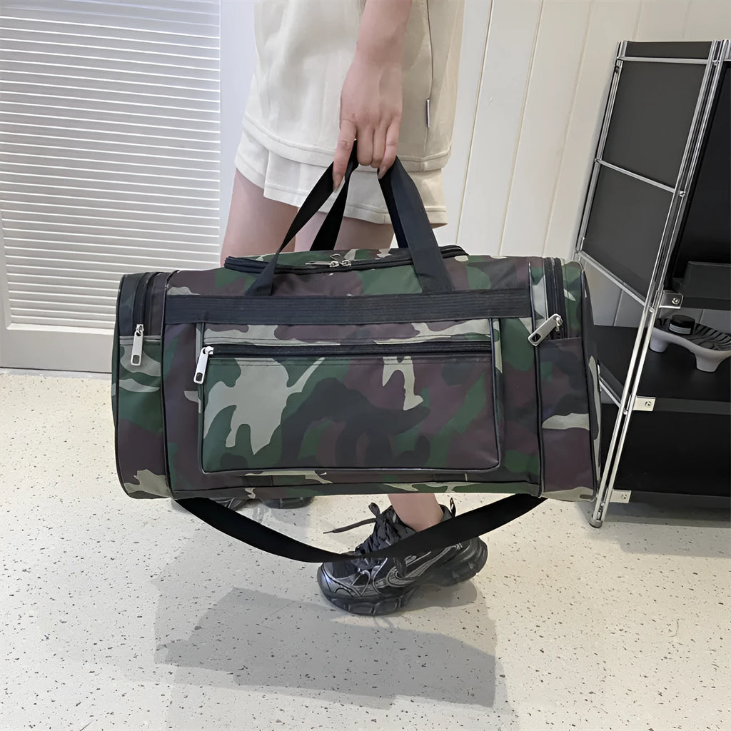 Camouflage patterned waterproof luggage bag with stripe lining, shown with capacity below 20 litres.