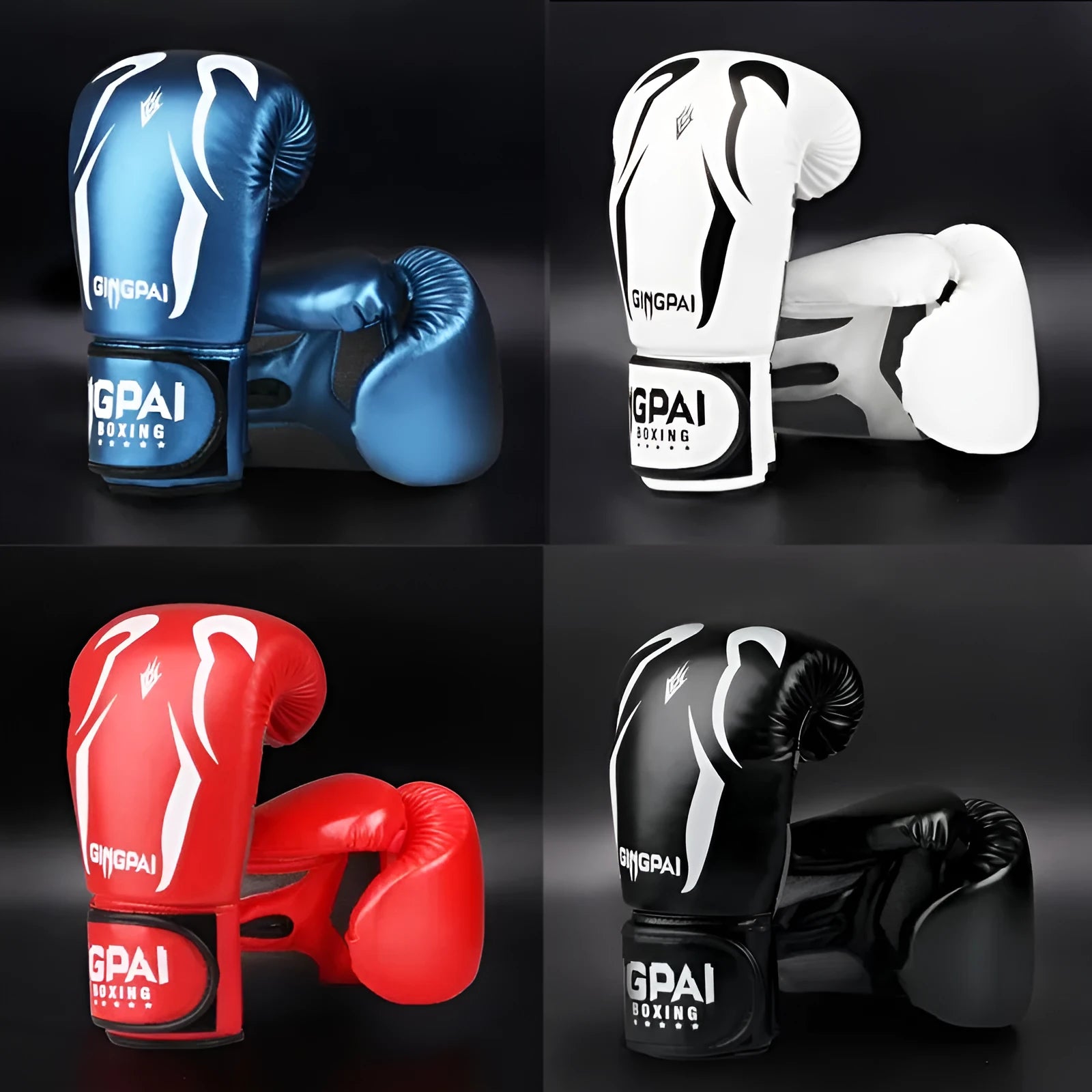 Pair of adult PU leather boxing gloves in black, available in multiple sizes including 6oz 8oz 10oz and 12oz
