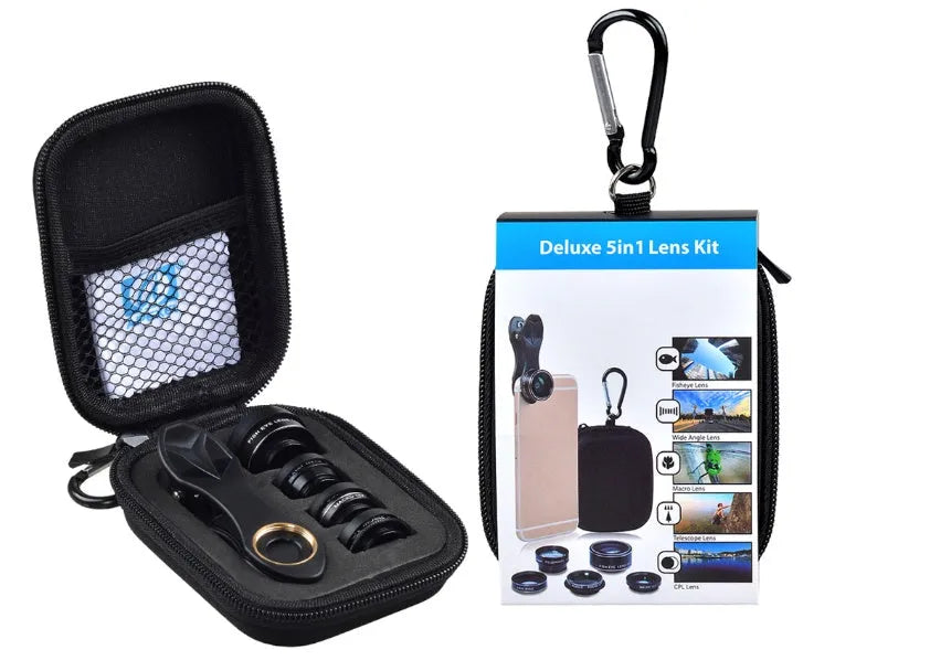 Black universal 5-in-1 smartphone lens kit showing wide-angle, macro, fisheye, telephoto and CPL lenses with clip and storage bag.