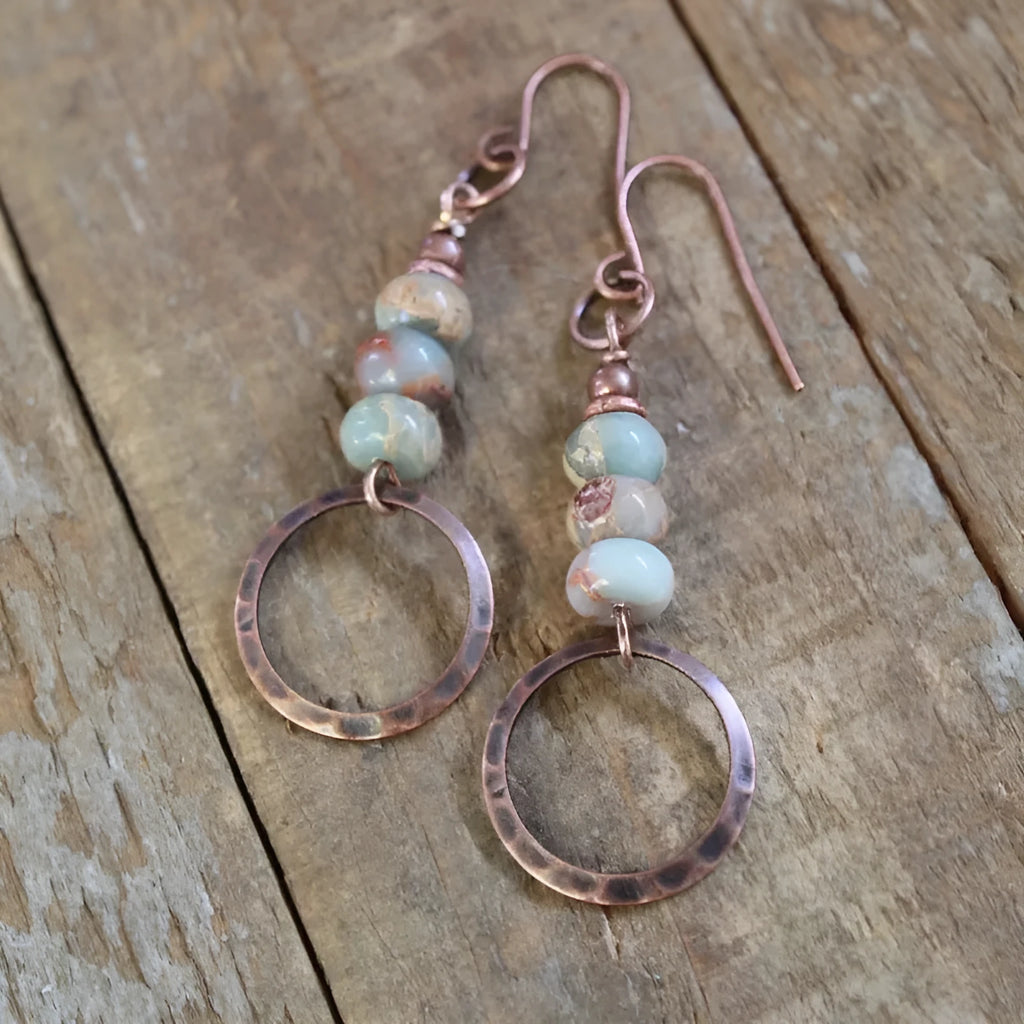 Women's hammered turquoise beaded pendant earrings in creative retro style with zinc alloy construction