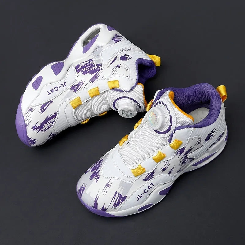 Children's rotating button fastening basketball shoes in black, pink, white & purple, and white blue.