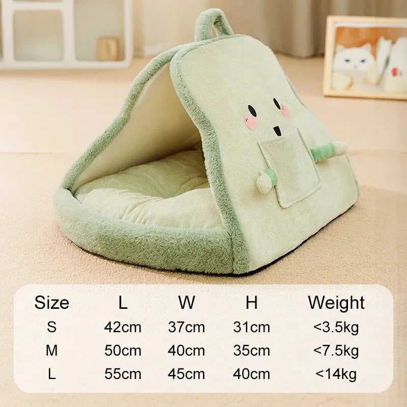 Green enclosed cat tent bed with removable blanket, shown in a large size for scale.