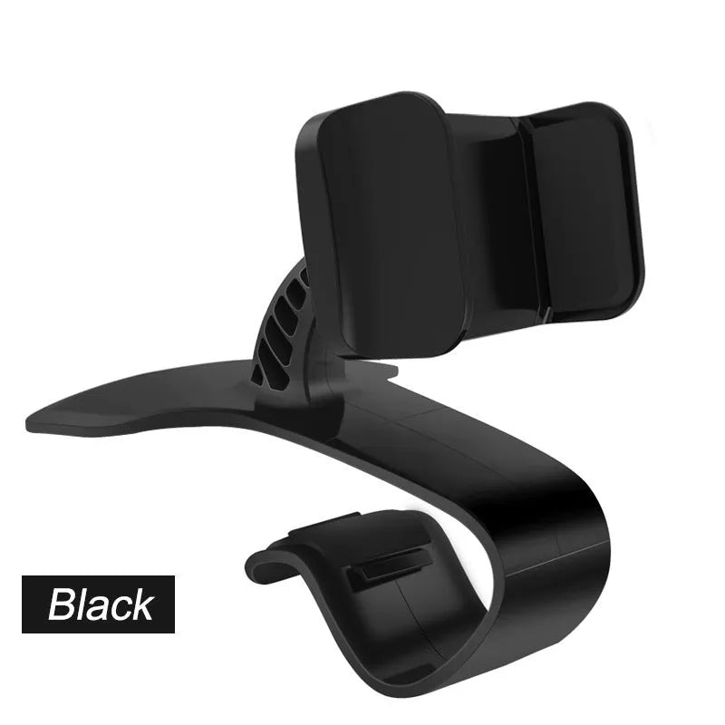 Dashboard car phone holder with silicone-grip bracket mounted on vehicle dashboard edge holding a smartphone