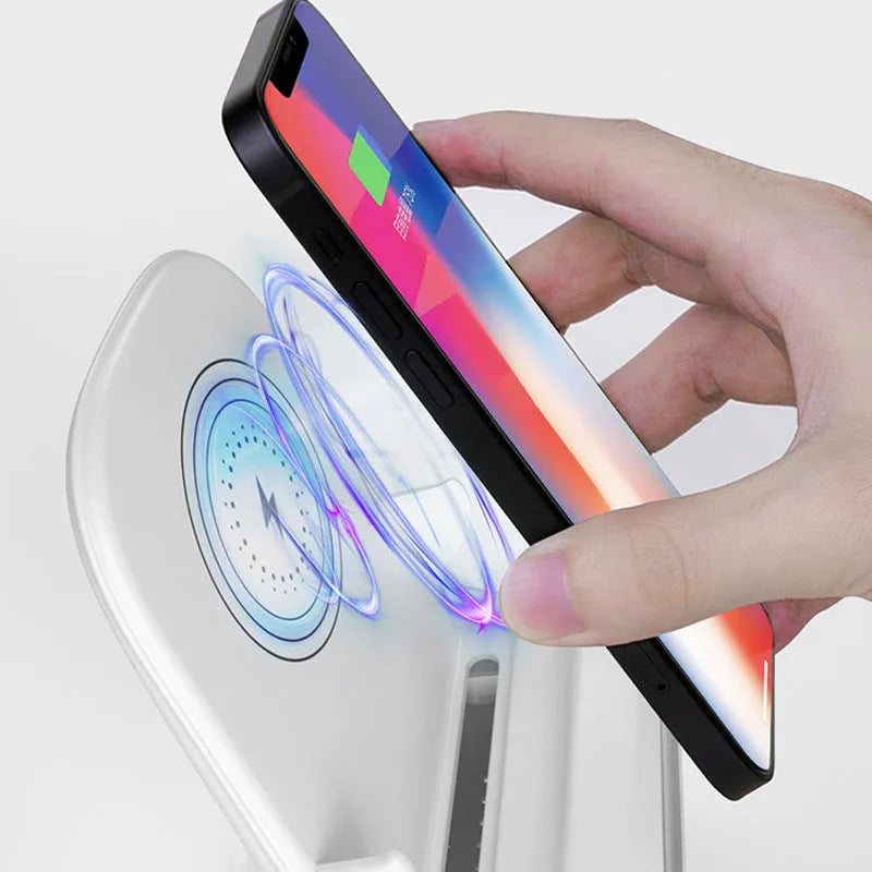 White 15W vertical wireless fast charging stand for mobile phone and tablet with Type-C input