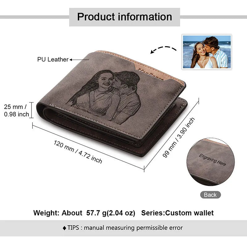 Coffee coloured horizontal short wallet with custom photo engraving and text personalisation.