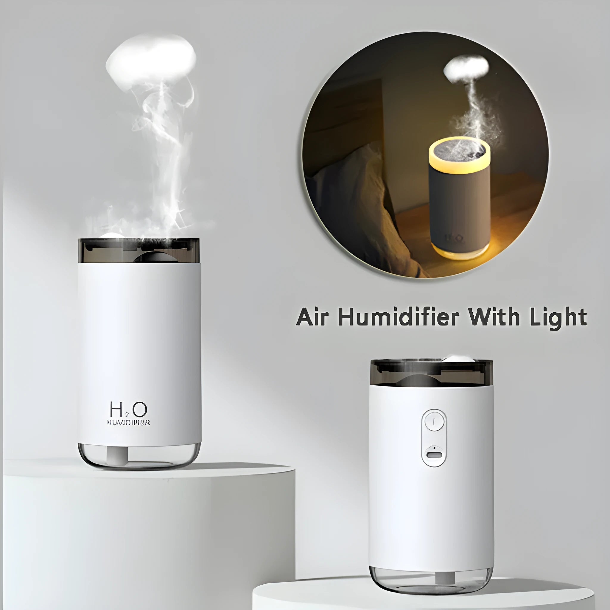 White USB jellyfish humidifier with night light on a wooden desk