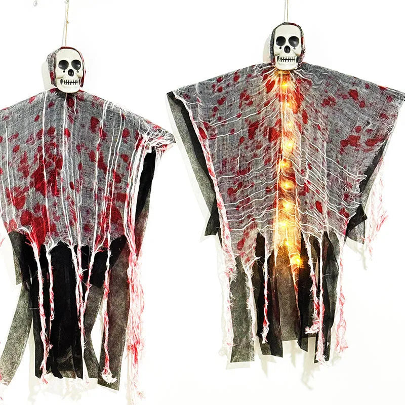Halloween hanging ghost ornament with a blood-dyed luminous skull, made from plastic.