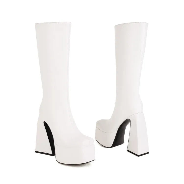 Women's black high boot with a casual style and PU upper, shown from the side.