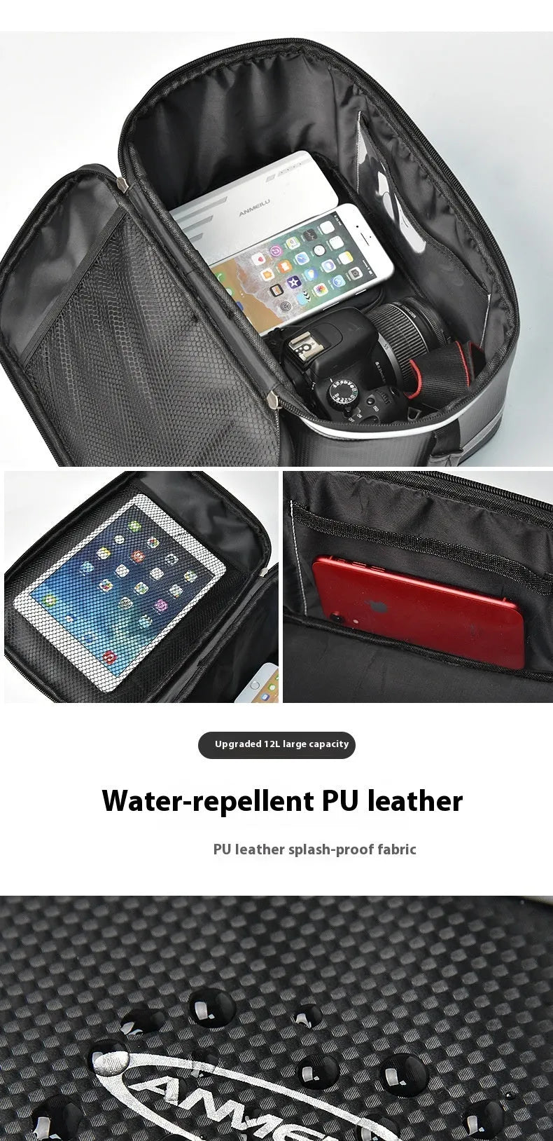 Black waterproof PU leather bicycle equipment bag with 12 litre capacity for car transport