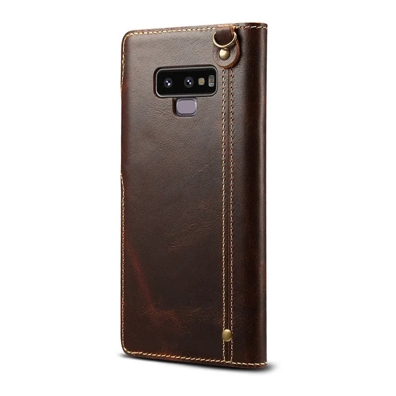 Handcrafted leather wallet case for Samsung Note 9 phone with built-in stand