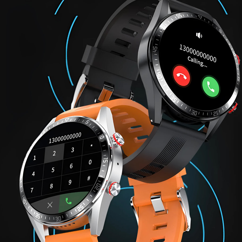 Smart watch with 1.39-inch HD screen, leather strap, heart rate and blood pressure sensors, 30-metre waterproof rating
