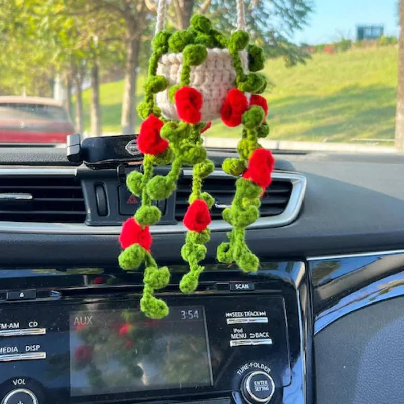 Green and white crocheted wool car plant decoration with a white hanging rope.