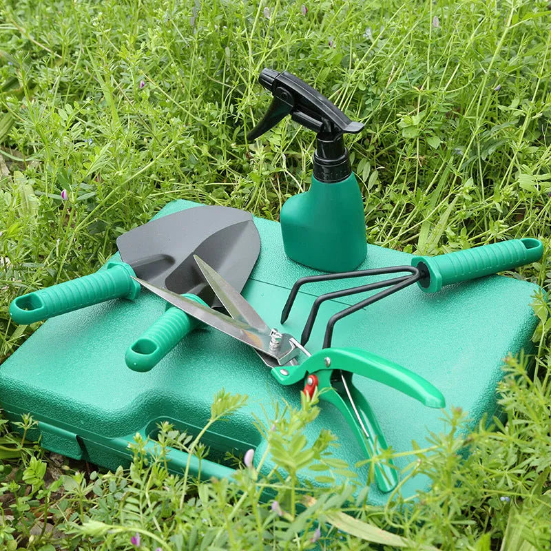 Ten-piece gardening tool set with iron heads and plastic handles, green and purple colour options